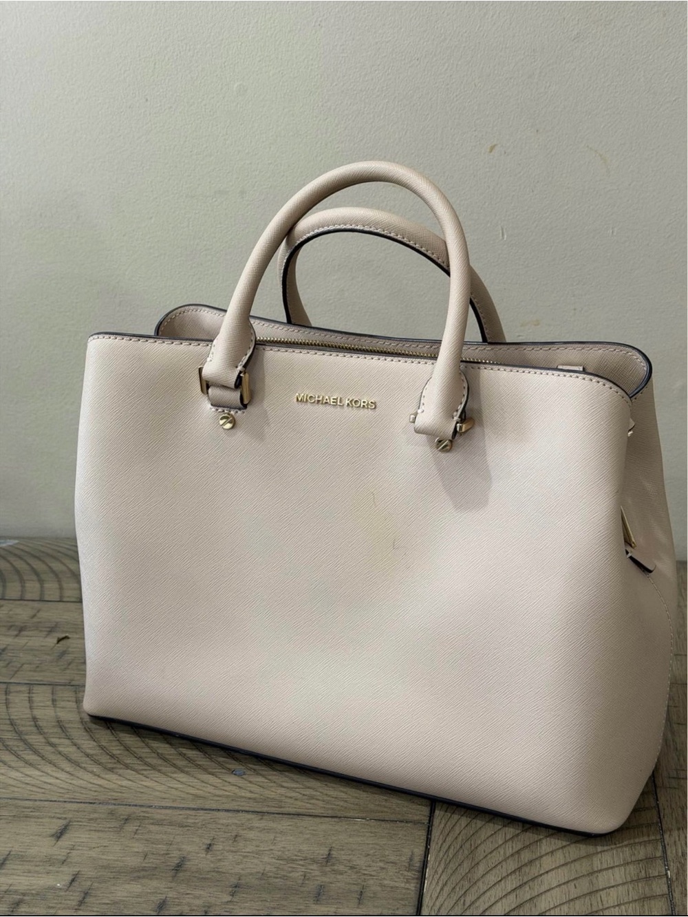 Michael Kors Soft Cream Saffiano Satchel with Gold Hardware